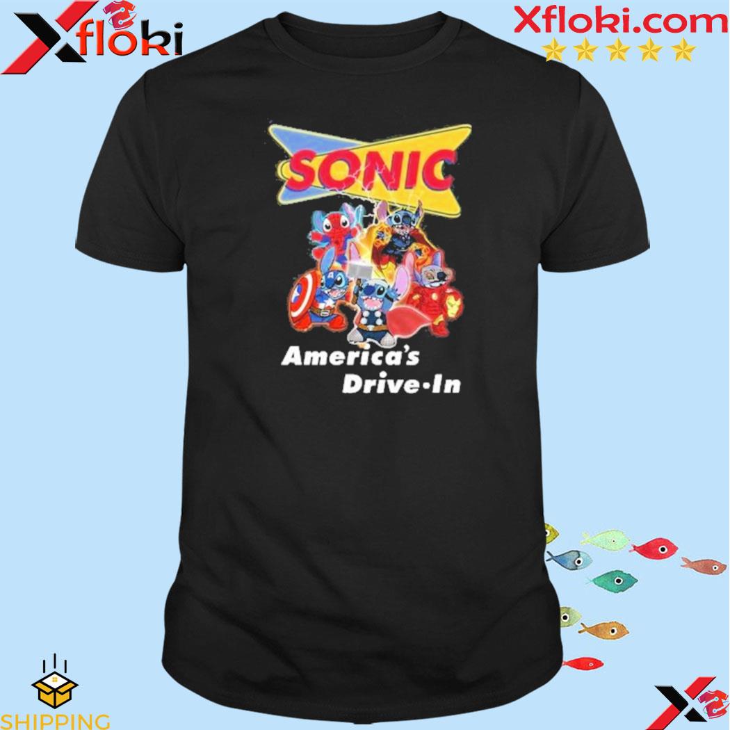 Official baby stitch avengers sonic america's drive.in logo 2023 t-shirt